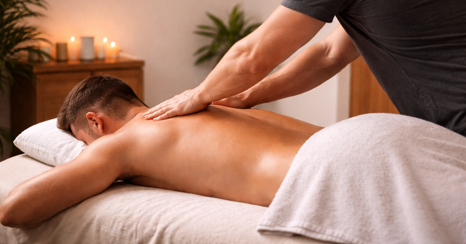Male massage therapist performing professional massage techniques during a treatment session in Peterborough